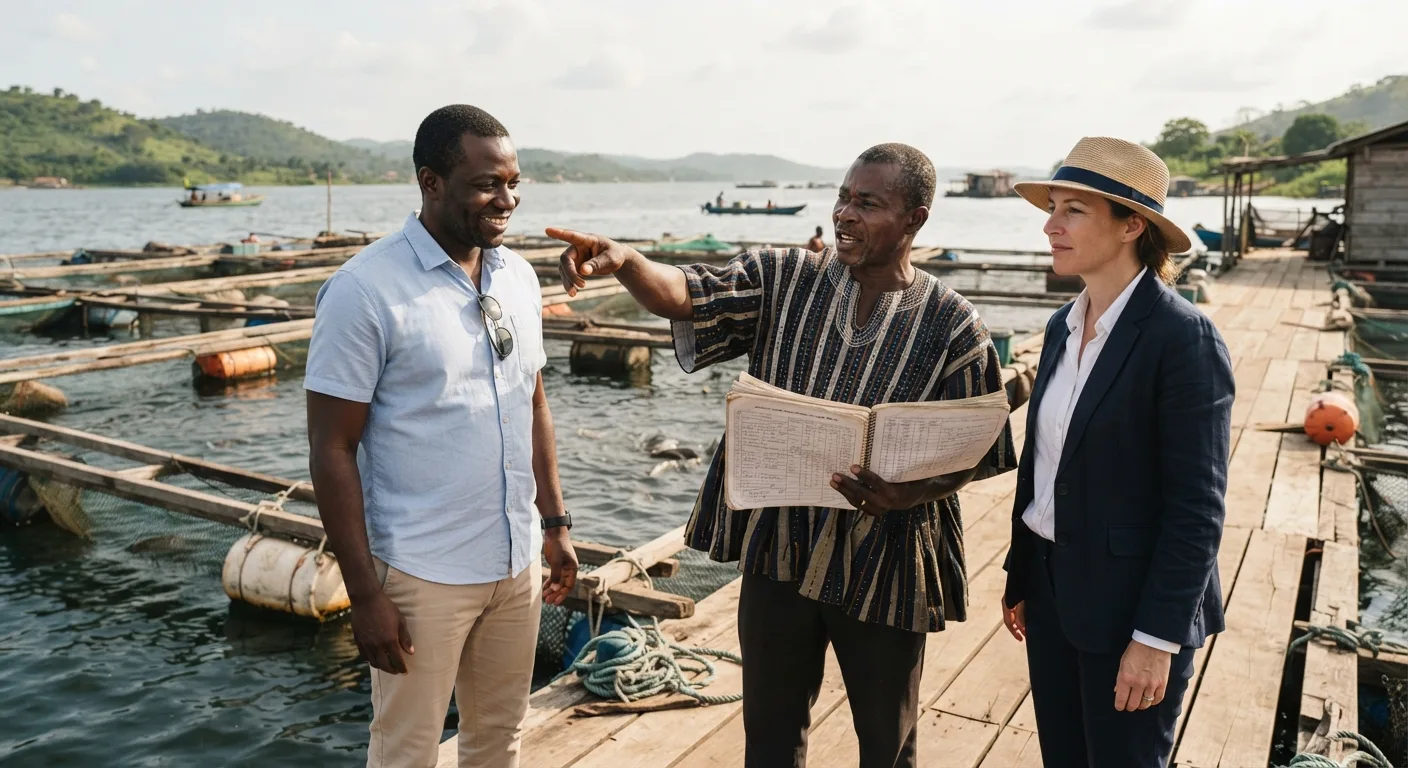 A Ghanaian fish-farm owner showing a record book and pointing at cages on Lake Volta to two visiting investors in smart-casual clothes, documentary daylight