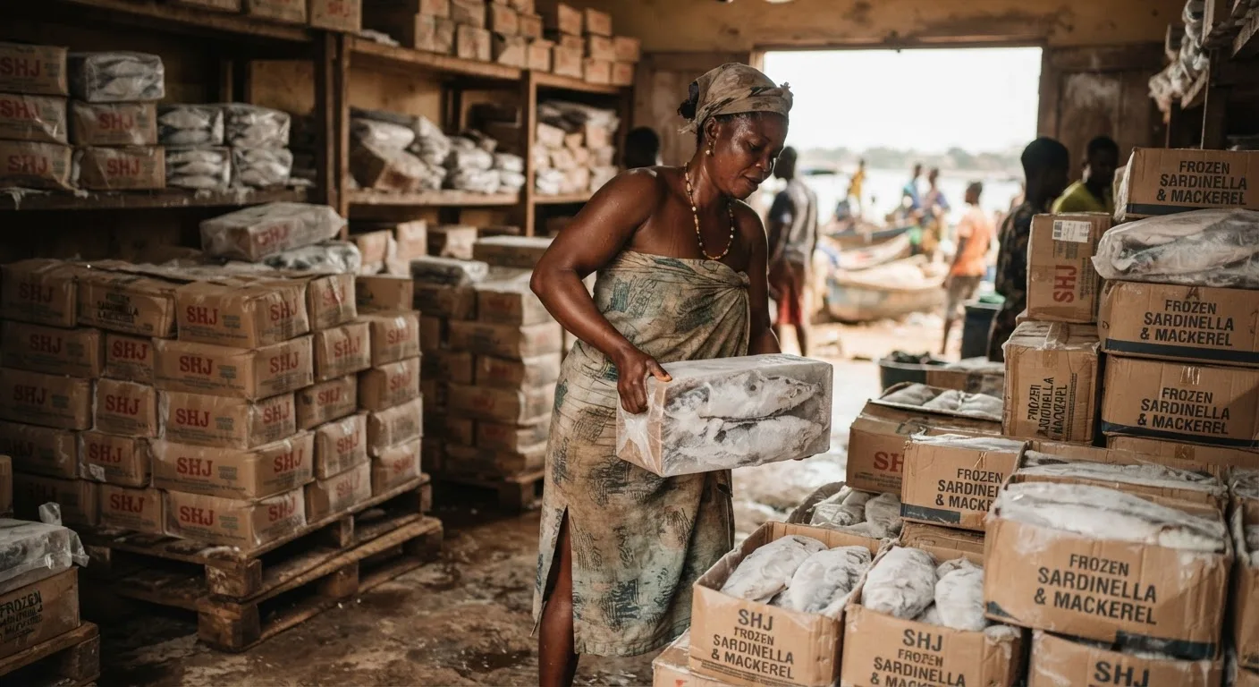 A Ghanaian cold store stacked with cartons of cheap imported frozen mackerel and sardinella, a vendor lifting a frozen block, price the only selling point