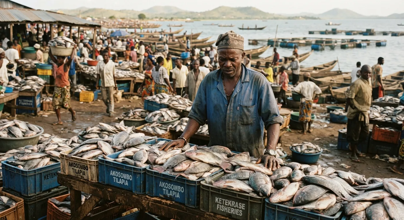 A Ghanaian cage farmer facing a harvest glut with no brand or buyer, fresh tilapia dumped into an open market