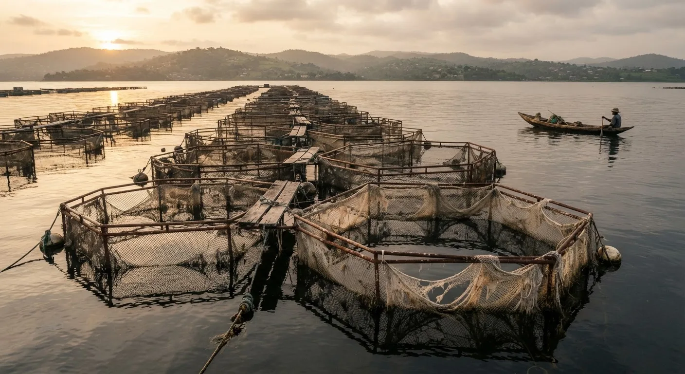 Rows of empty, weathered fish cages floating abandoned on Lake Volta at dawn, faded netting and rusted frames, still water, documentary Ghana aquaculture scene, natural light