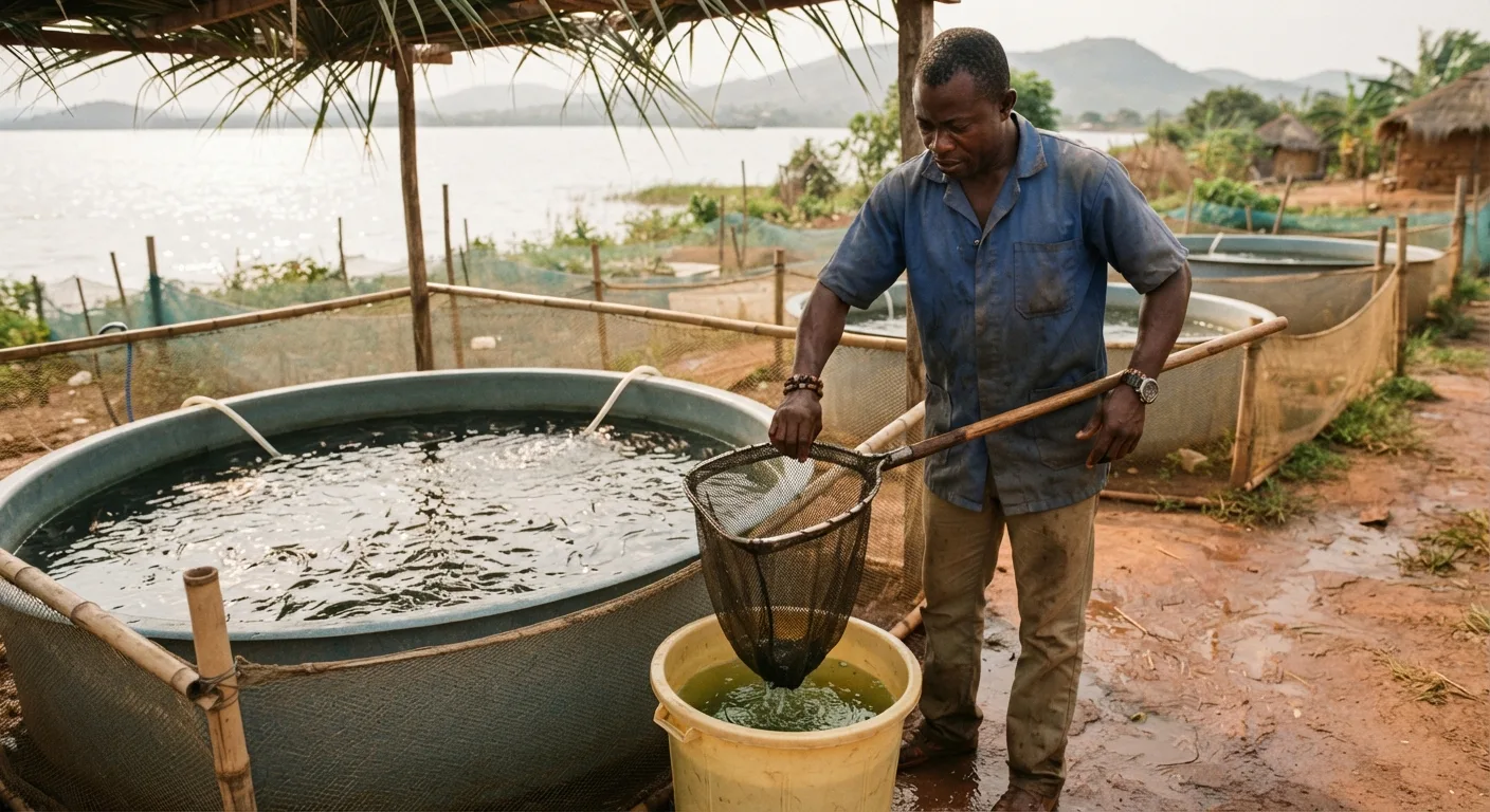 A worker inspecting and dipping a net in disinfectant beside an isolated tilapia nursery tank on a Ghanaian farm, simple biosecurity barrier, documentary aquaculture scene, natural light