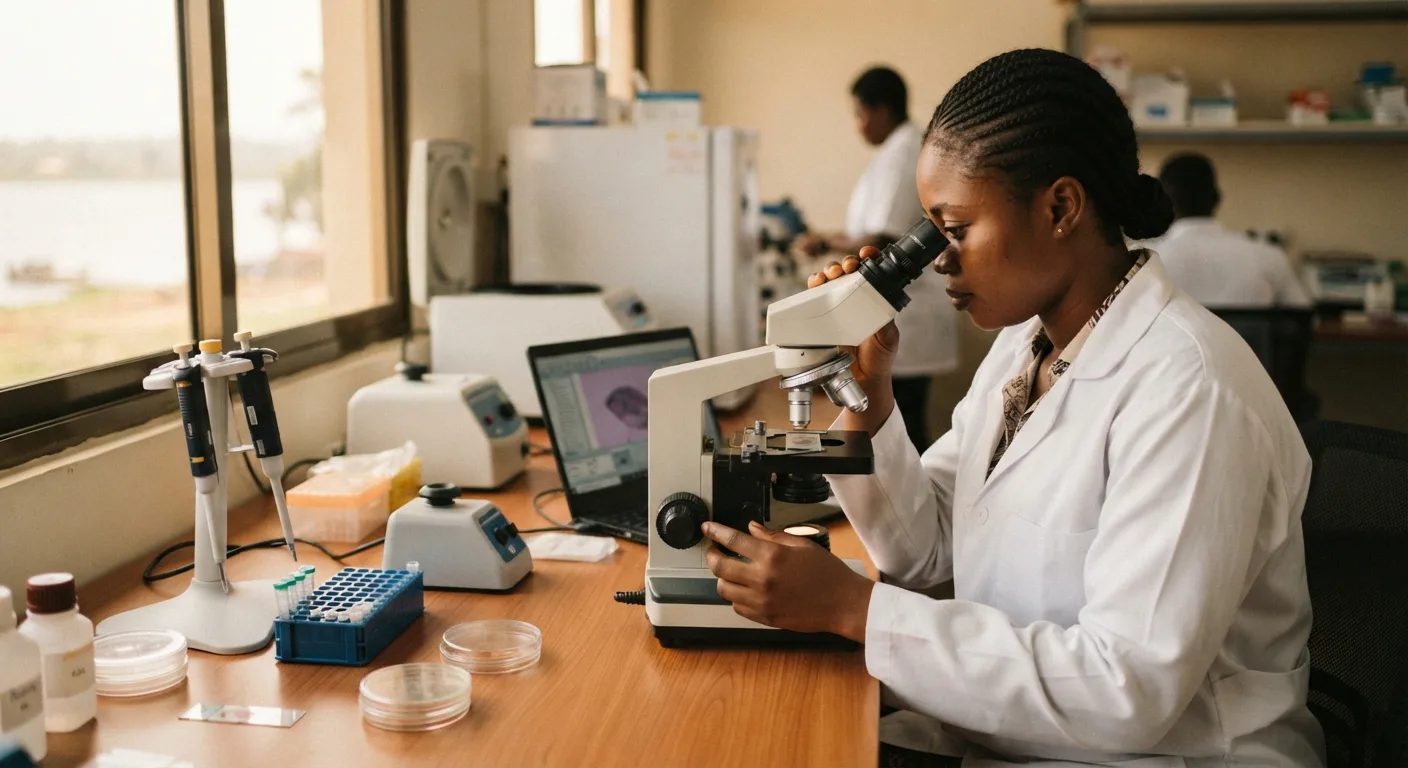A technician in a white coat examining tilapia tissue samples under a microscope in a clean modern Ghanaian fish-health diagnostic laboratory, molecular testing equipment on the bench, natural light