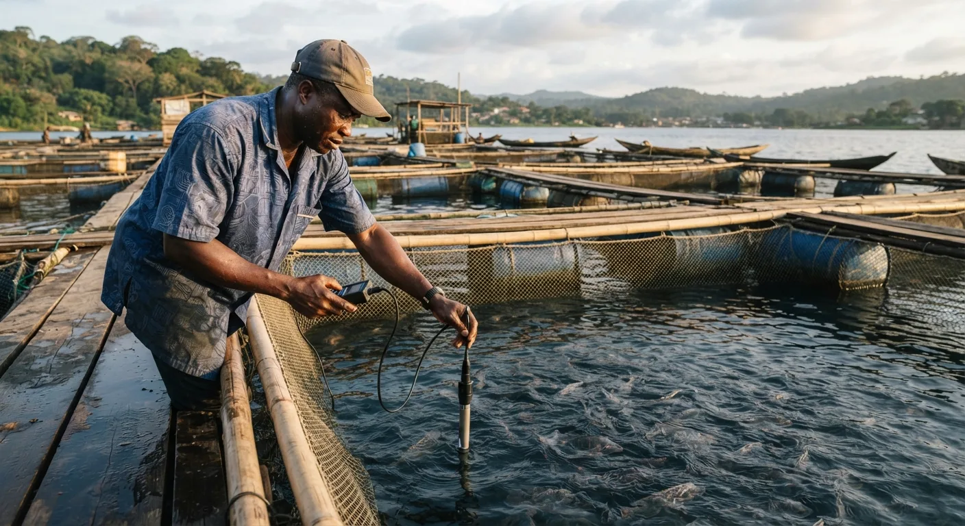 A Ghanaian fish farmer lowering a handheld dissolved-oxygen probe into the water beside a floating tilapia cage on Lake Volta, morning light, documentary aquaculture scene