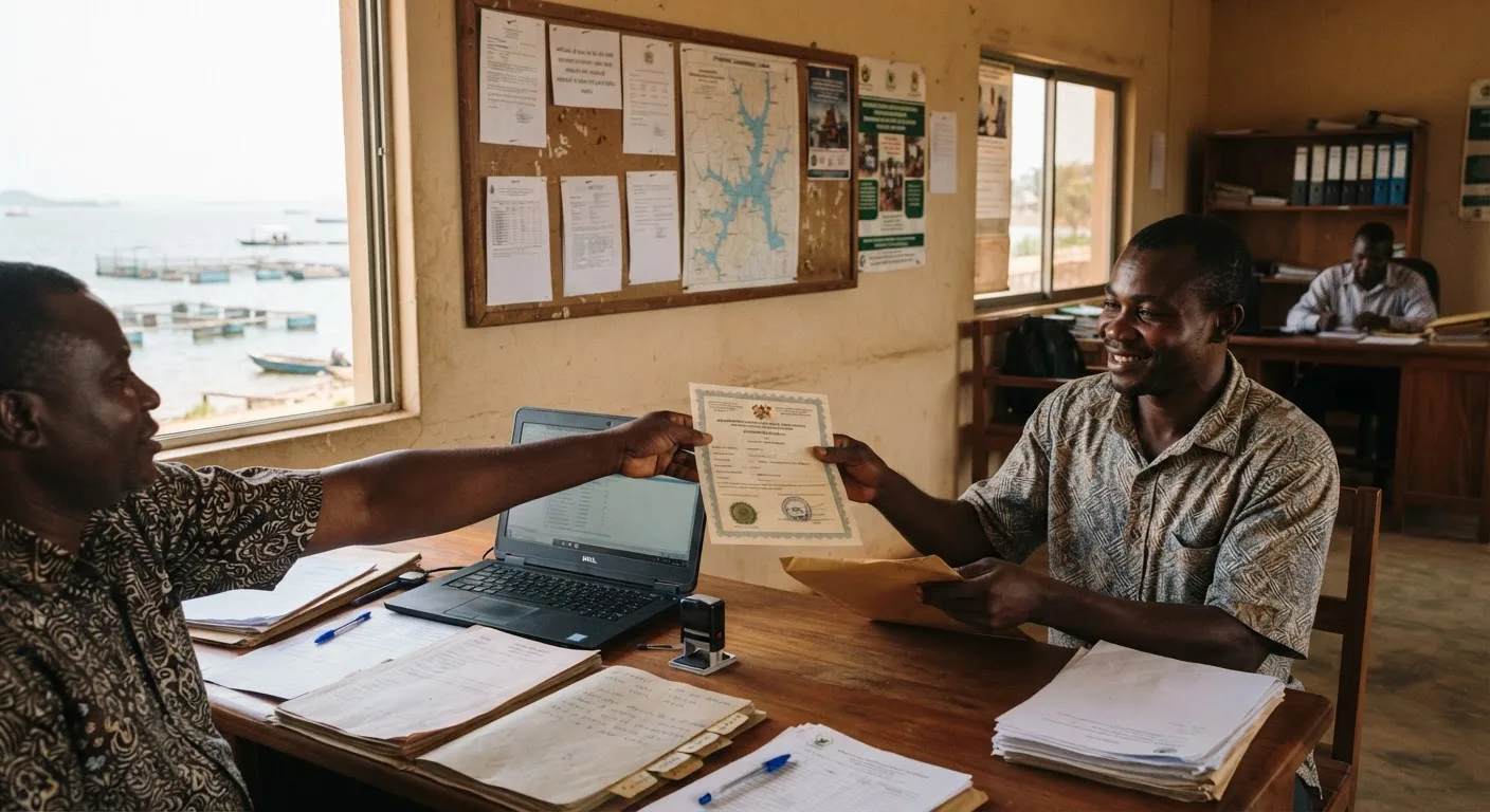 A Ghanaian fish farmer at a Fisheries Commission office desk receiving a stamped commercial aquaculture licence, files and a laptop on the counter, official noticeboard behind