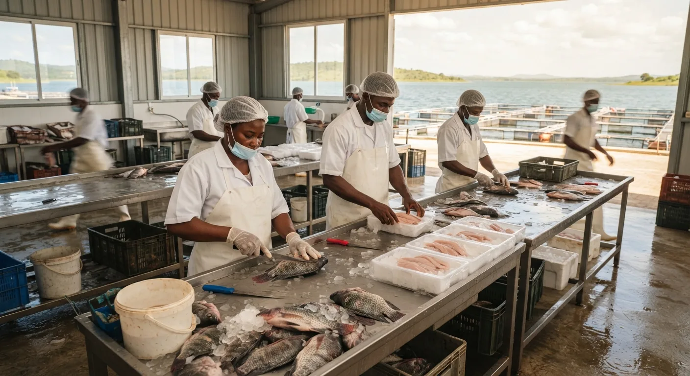 A modern Ghanaian tilapia processing line with workers in white coats and hairnets filleting and packing fresh fish into chilled trays, stainless-steel tables, bright hygienic hall