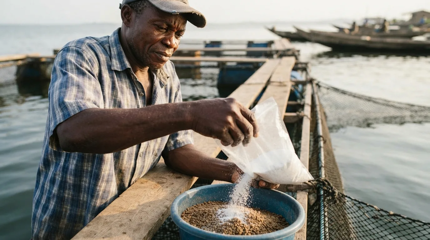Antibiotics dosed by hand into feed on a Ghanaian cage farm, without a label or a prescription