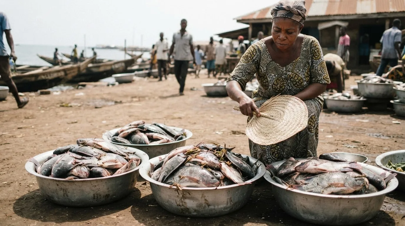 Fresh farmed fish laid out in the open sun with no ice, the cold-chain gap that costs a fifth of the catch