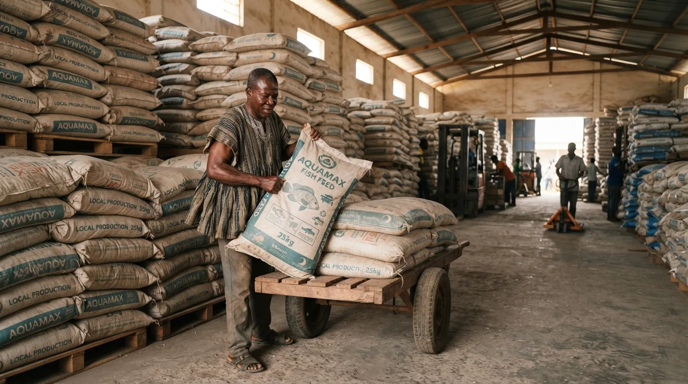 Stacked sacks of commercial tilapia feed in a Ghanaian aquaculture feed store
