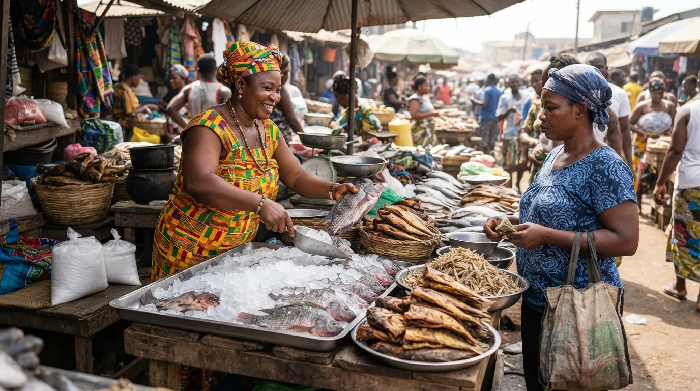 A Ghanaian fish market: fresh whole tilapia beside golden smoked fish