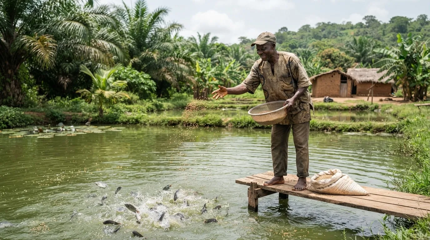 An earthen tilapia pond farm in Ghana, calm green water bordered by grass banks