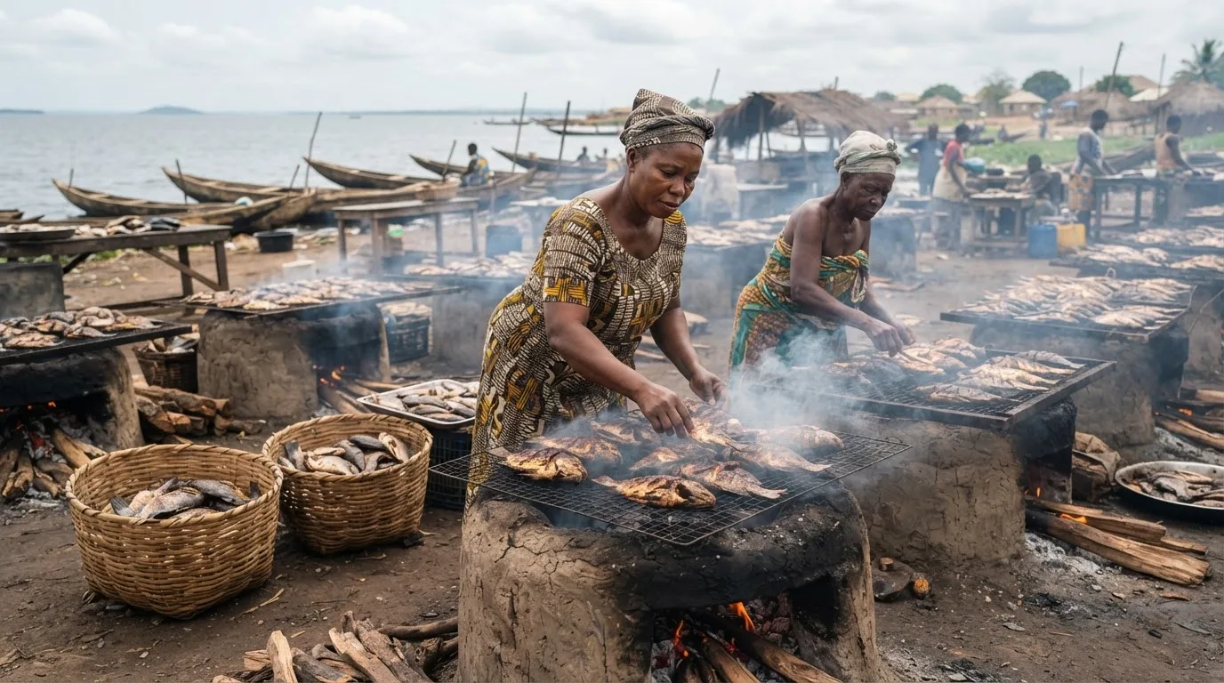 Traditional women-led fish smoking over wood fires, the only value addition most Ghanaian farmed fish gets today