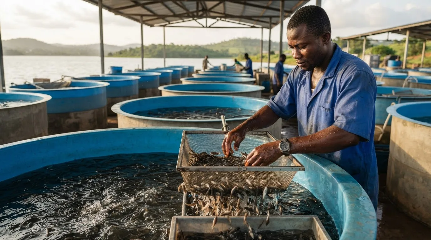 Tilapia fingerlings being graded at a Ghanaian aquaculture hatchery near Lake Volta