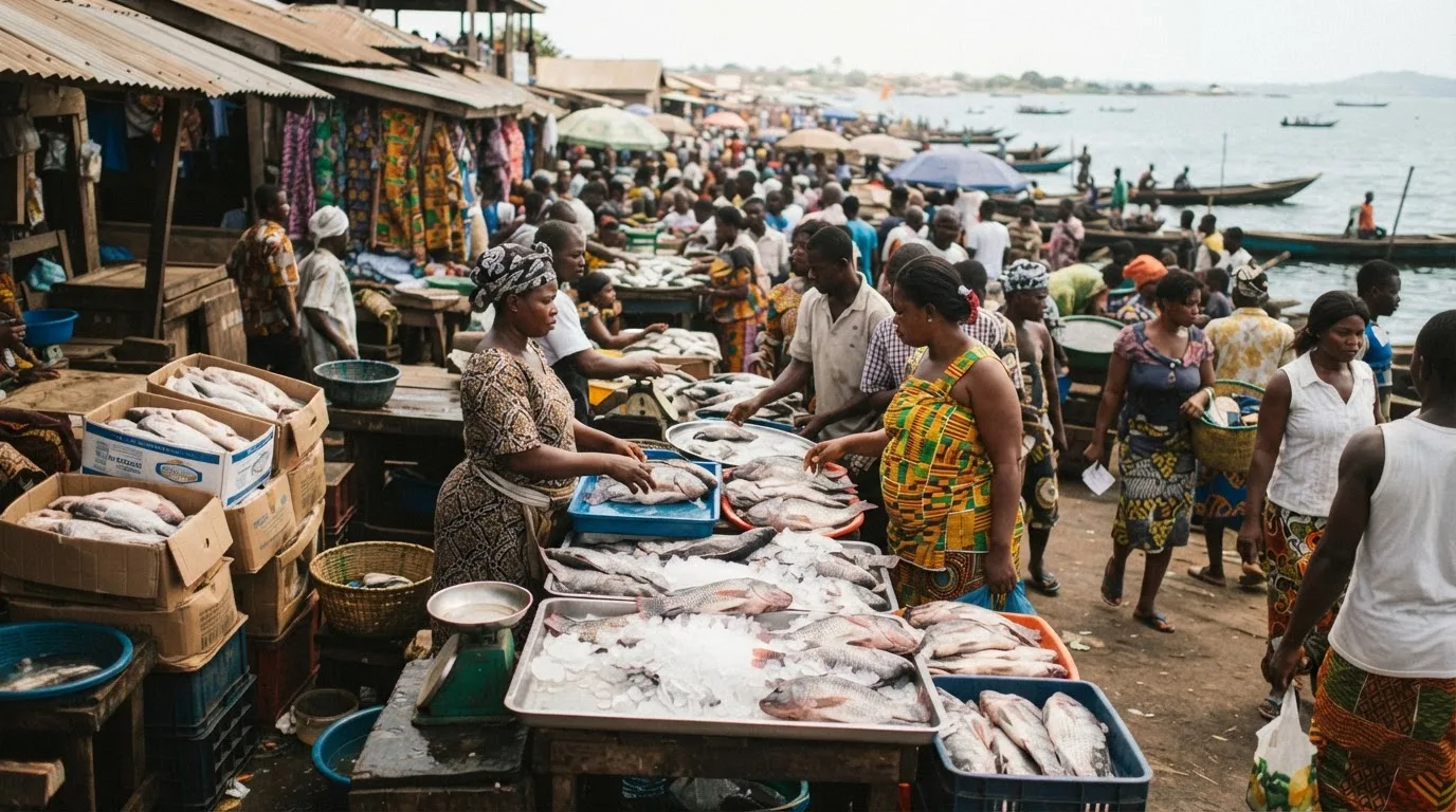 Fresh local tilapia beside frozen imported cartons at a busy Ghanaian fish market