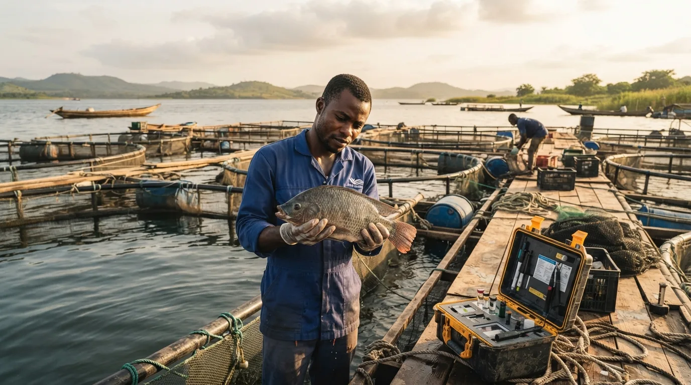 An aquaculture technician checking fish health beside floating cages on Lake Volta