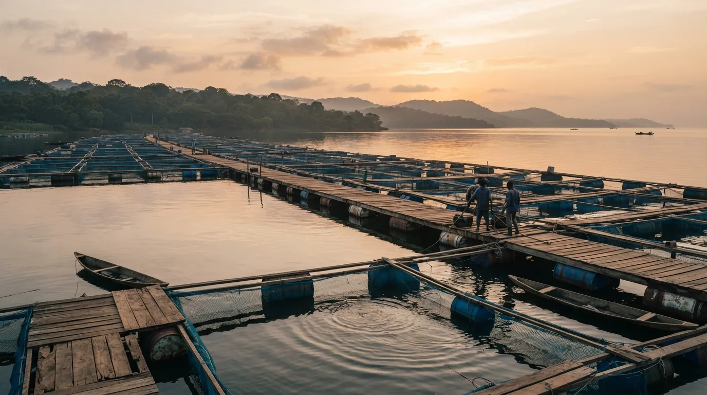 Floating tilapia cages stretching across Lake Volta at first light