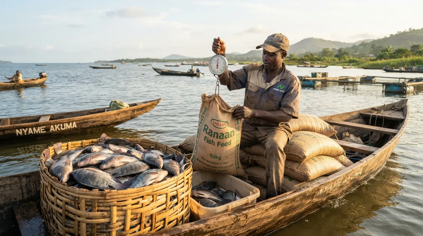 A fish farmer weighing sacks of feed against a harvest of market-size tilapia
