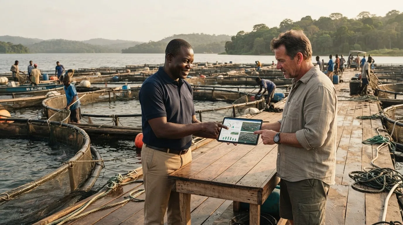 An investor reviewing an aquaculture farm and processing plan beside Lake Volta