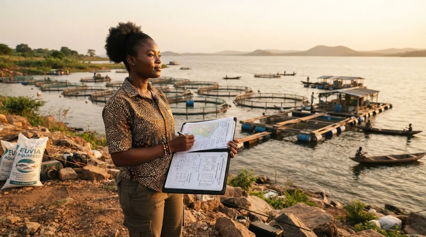 An aquapreneur reviewing a cage-farm and hatchery plan on the lakeshore