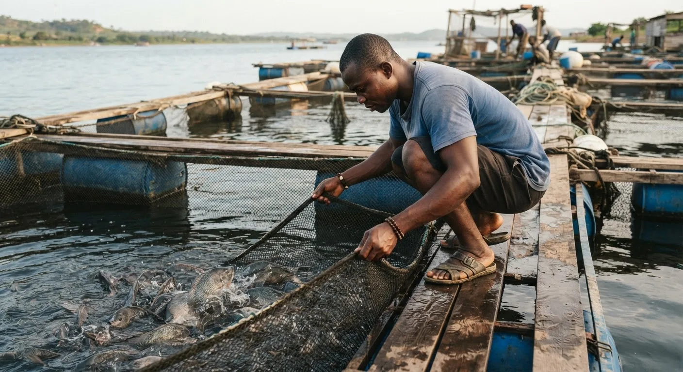 A Ghanaian fish farmer kneeling on a wooden cage walkway on Lake Volta, lifting the edge of a net cage to inspect tilapia, calm water reflecting the sky, documentary style, natural light