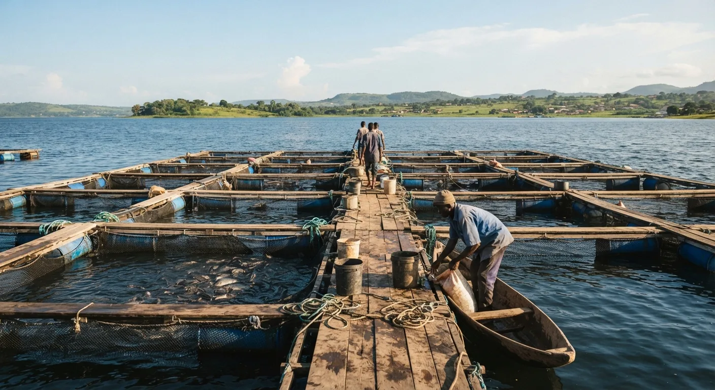 A cluster of square floating tilapia cages on the open blue water of Lake Volta, Ghana, a wooden walkway between the cage frames, a farmer in a small boat, bright morning light, distant green shoreline