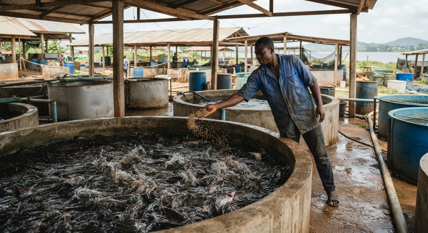 Round concrete and blue plastic catfish tanks in a covered Ghanaian yard, dense dark catfish churning the water surface, a worker scattering feed pellets by hand, natural daylight, documentary style