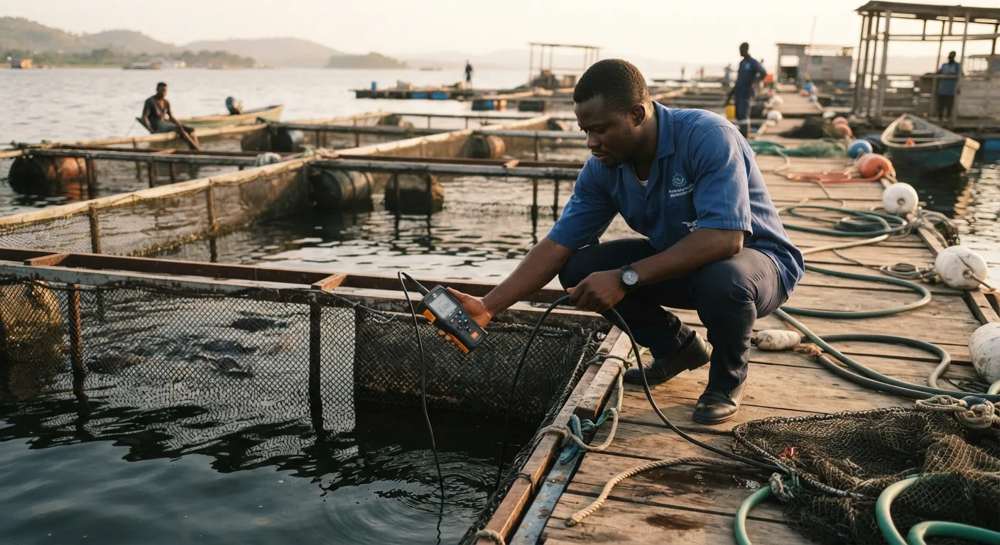A technician on a Lake Volta cage walkway lowering a handheld dissolved-oxygen meter on a cable into the water beside a net cage, reading the display, early morning light on calm water, documentary style