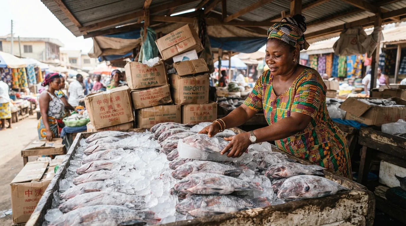 Cartons of cheap imported frozen fish stacked in a Ghanaian cold store, setting the budget price ceiling
