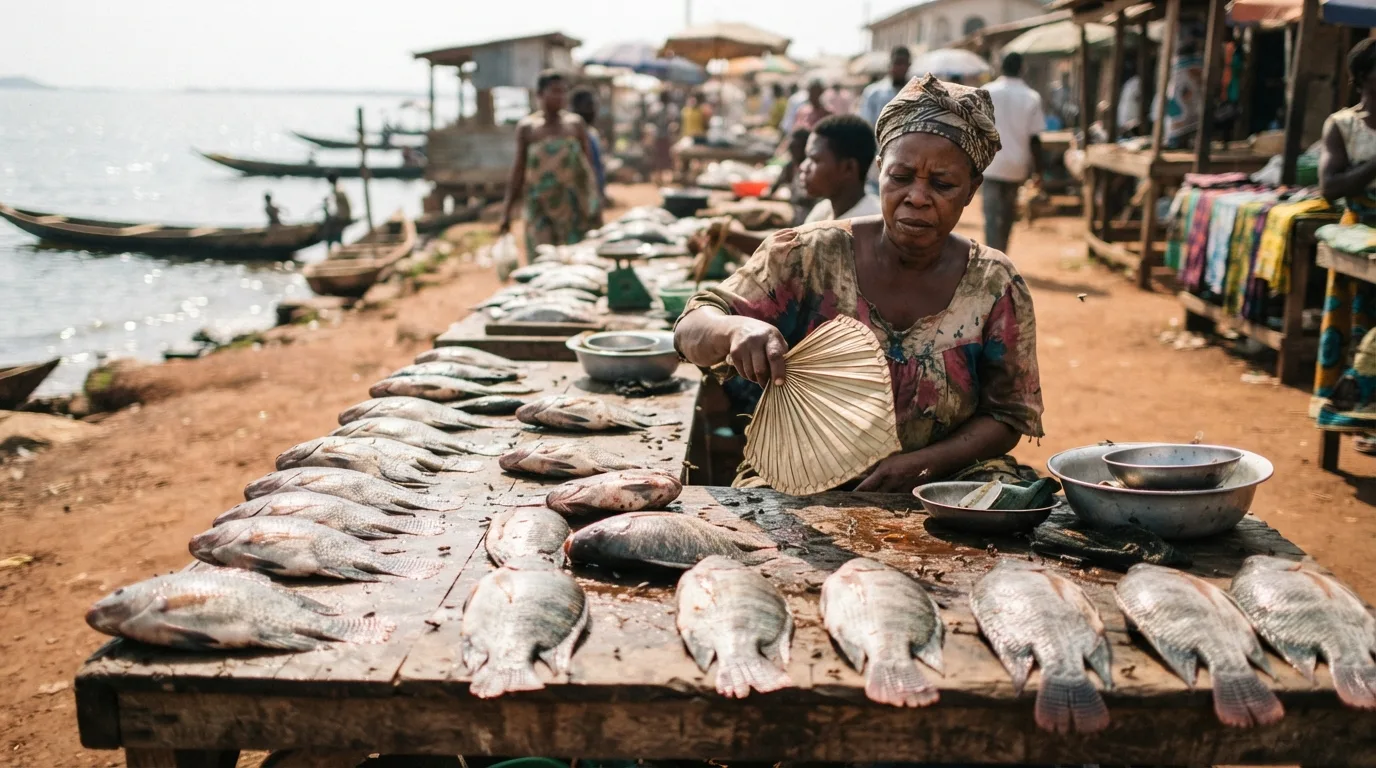 Fresh Ghanaian tilapia laid out in the open sun with no ice, the cold-chain gap that costs a fifth of the catch