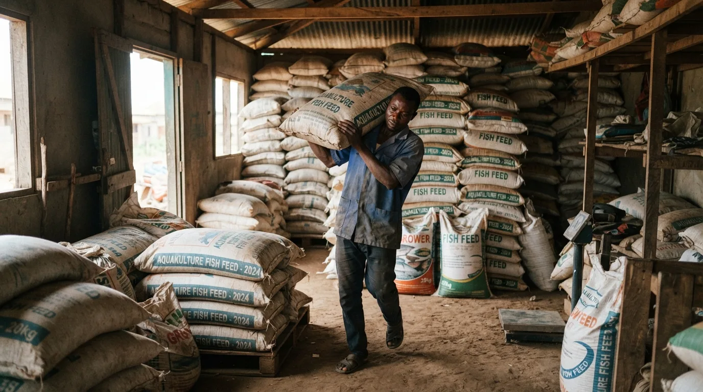 Stacked sacks of commercial aquafeed beside a Ghanaian tilapia cage on Lake Volta, a worker scooping pricey imported pellets to broadcast over the fish, documentary photograph