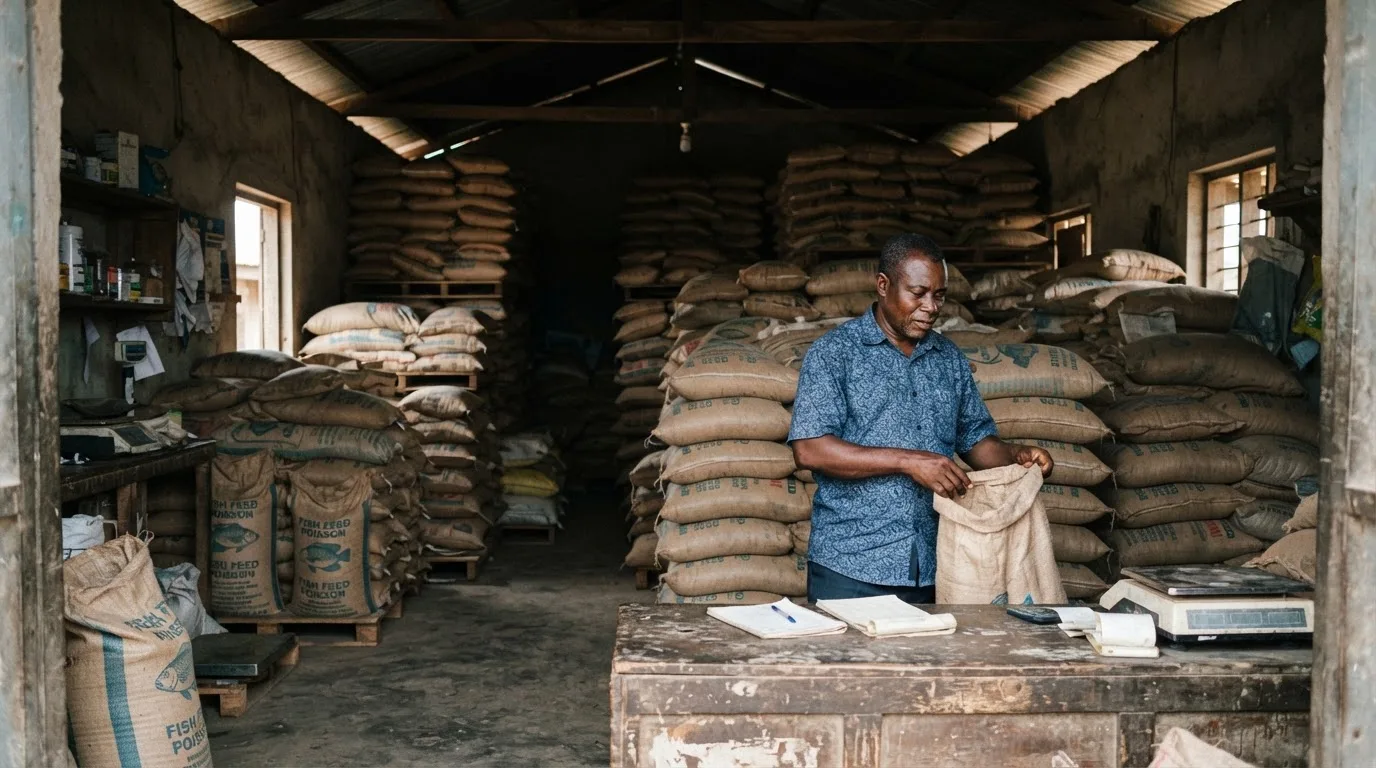 Stacked sacks of aquafeed from a dominant supplier, the single-feed-supplier squeeze on Ghanaian fish farmers