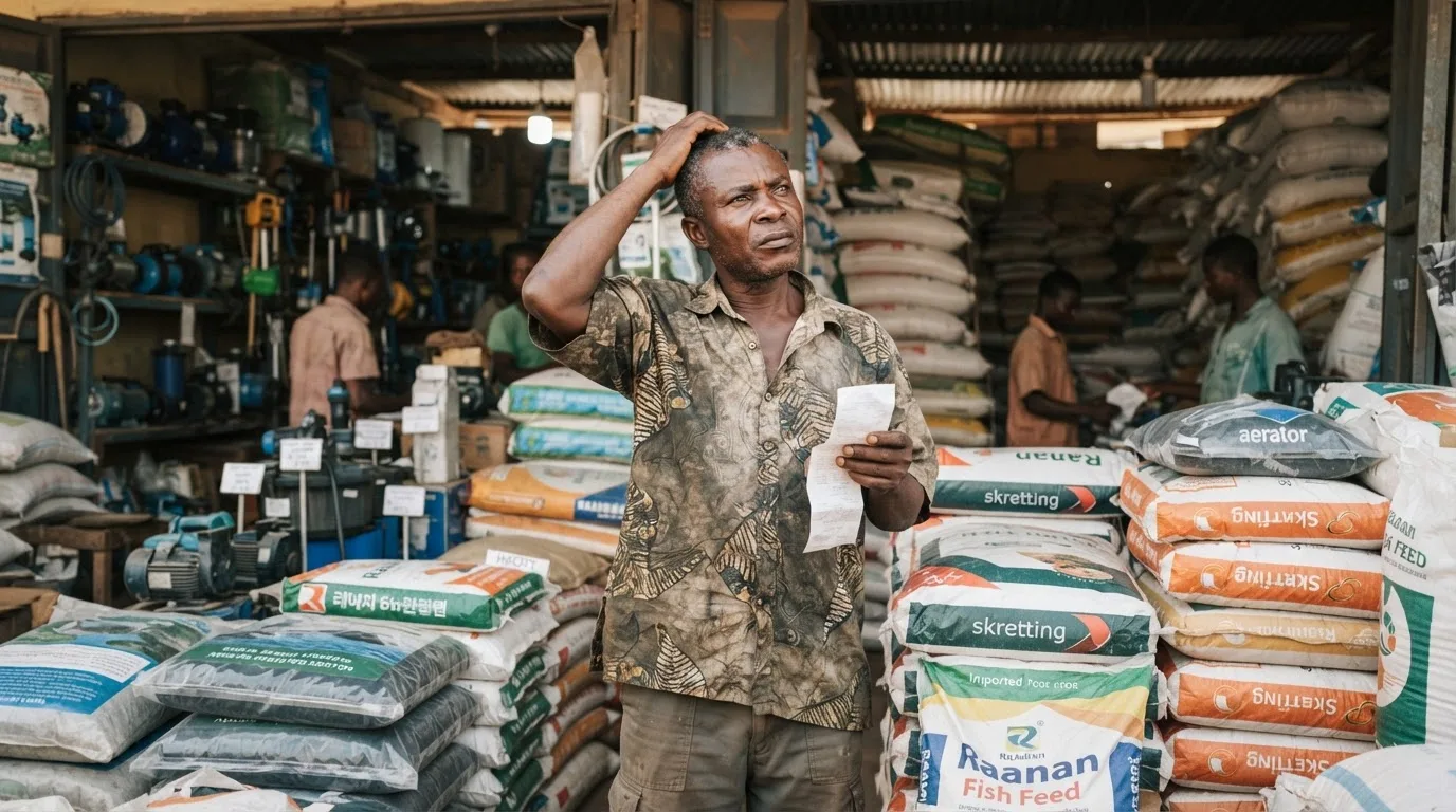 A Ghanaian fish farmer studying a currency exchange board showing a falling cedi against the dollar while imported feed sacks sit behind, the cost of a cycle rising overnight, documentary photograph