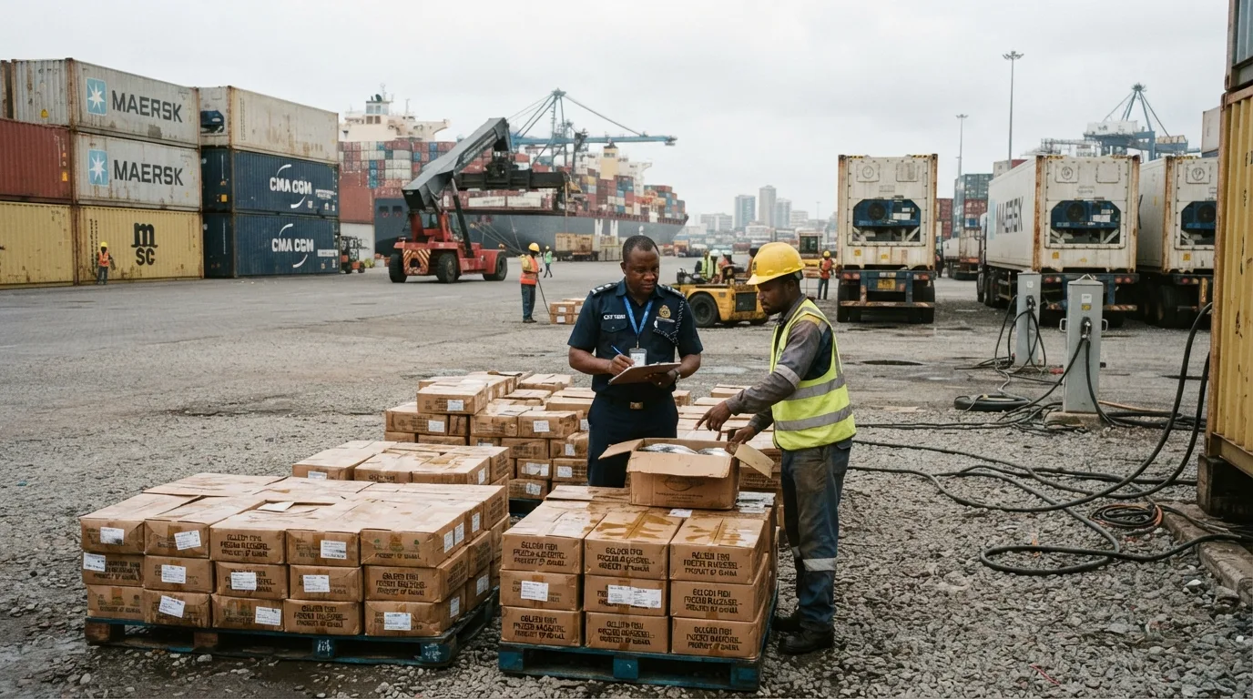 A Ghanaian border crossing where the tilapia import ban holds back frozen fish, a policy fence that could move
