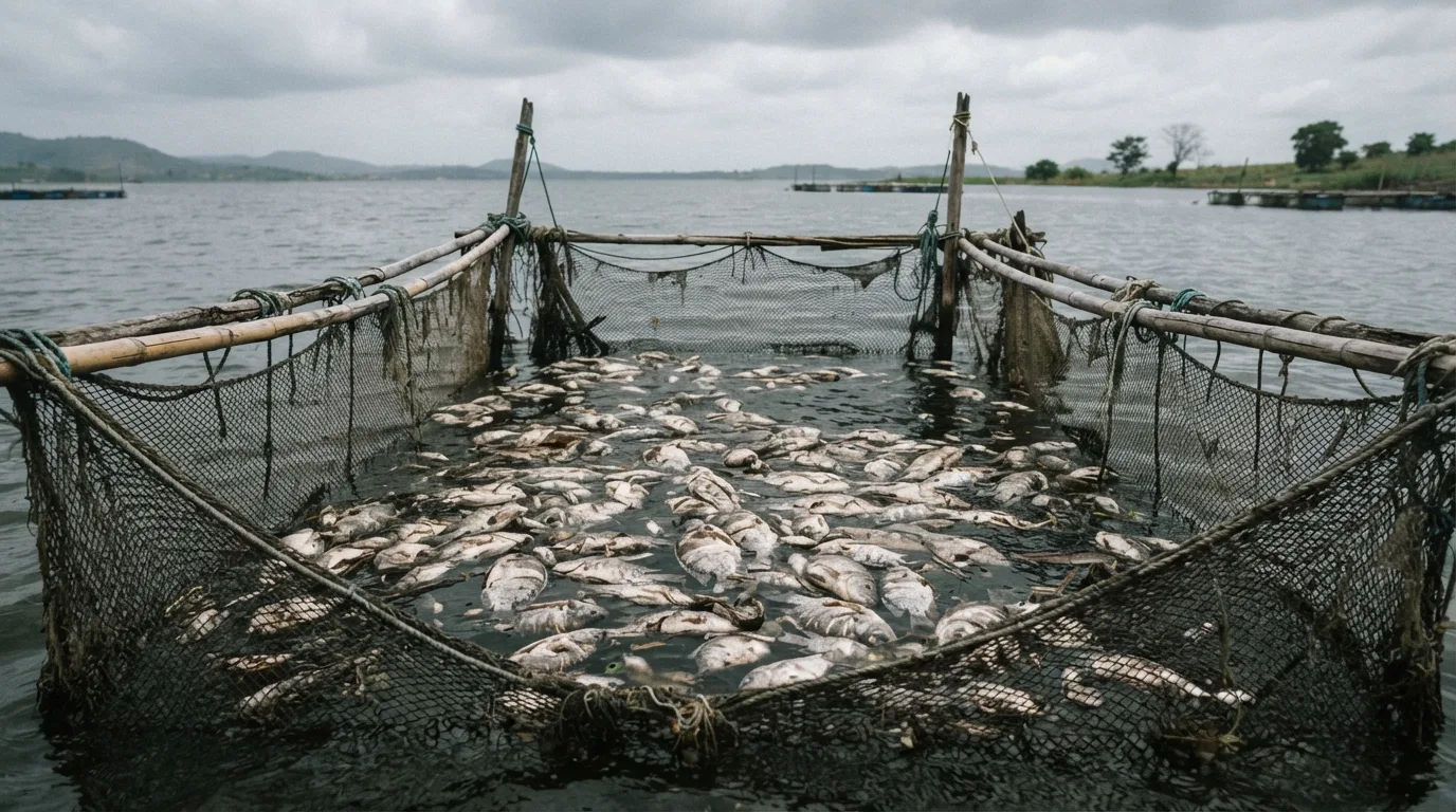 Mass mortality of tilapia in a cage after a disease die-off on Lake Volta