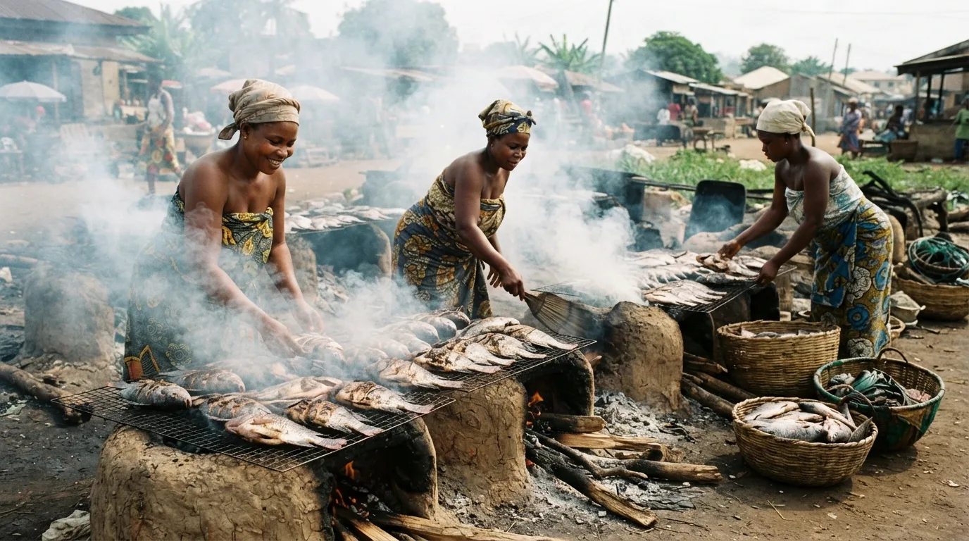 A Ghanaian fish farmer with fresh whole tilapia and no industrial plant to fillet, freeze or export-smoke it