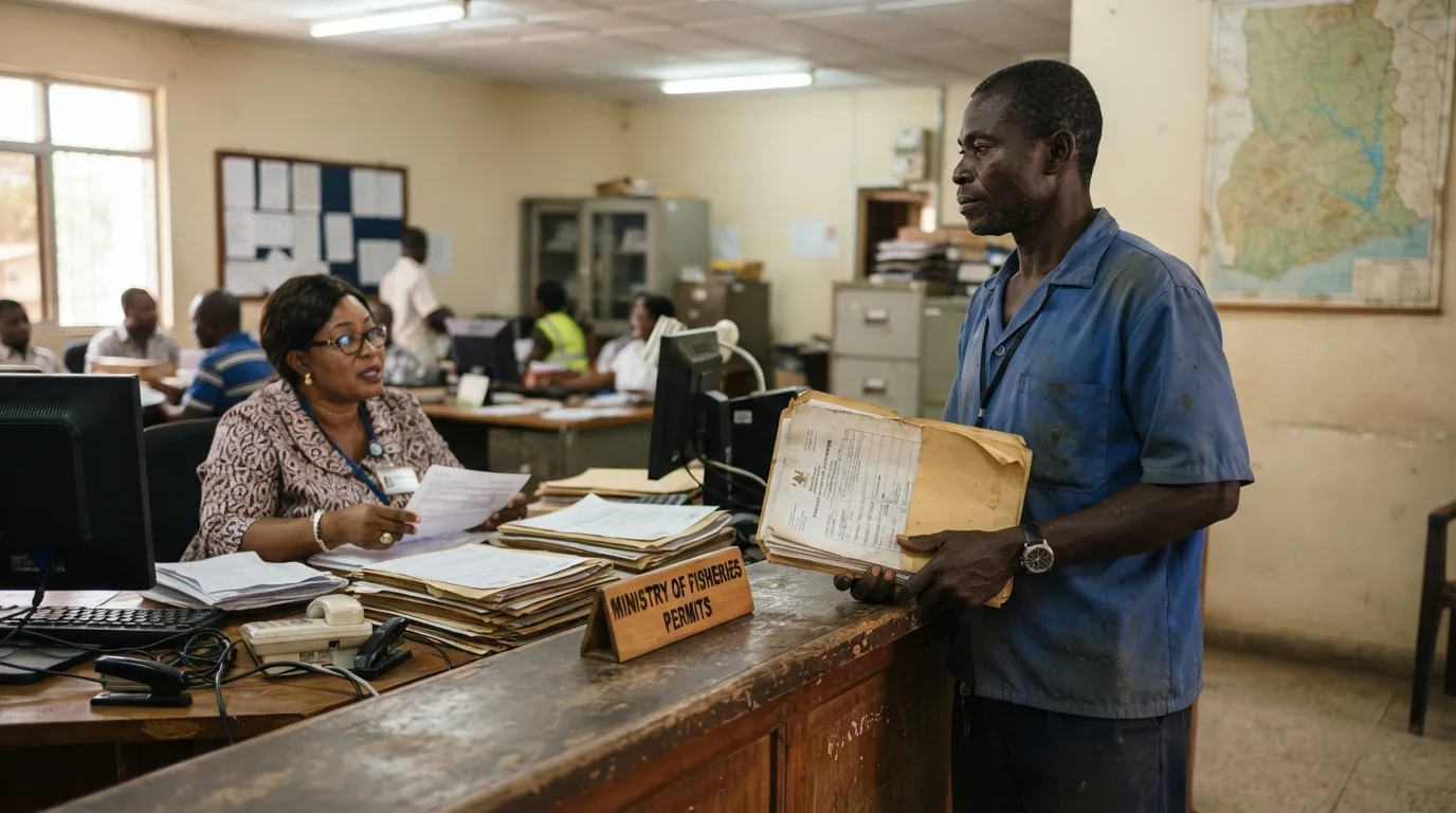 A Ghanaian fish farmer waiting at a Fisheries Commission counter with a folder of licence forms and stamps, an official reviewing paperwork under a noticeboard, documentary photograph