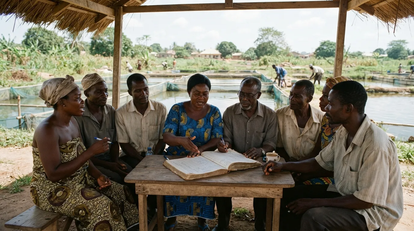A glossy investment brochure promising fixed high returns from a Ghanaian fish farm laid on a table next to a modest real tilapia cage on Lake Volta, documentary photograph