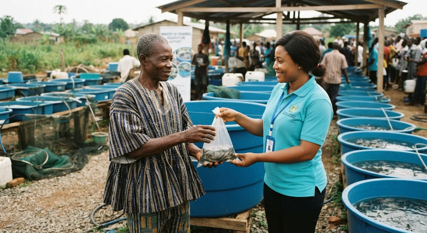 A Ghanaian fish farmer receiving a government hand-out of free tilapia fingerlings and a subsidised tank from a project officer, a scene of aid-dependent farming, documentary photograph