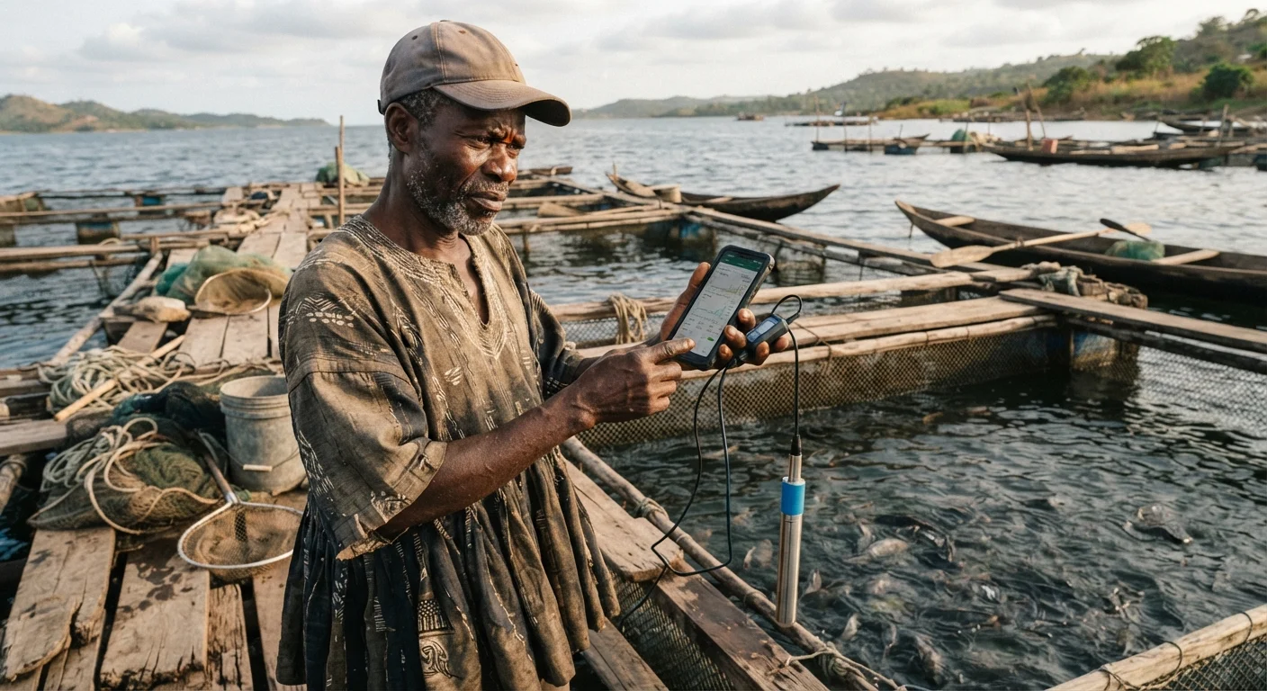 A shiny water-quality sensor and a farm-management app on a phone held over a Ghanaian tilapia cage while the farmer looks unconvinced, patchy rural signal and weathered gear around, documentary photograph