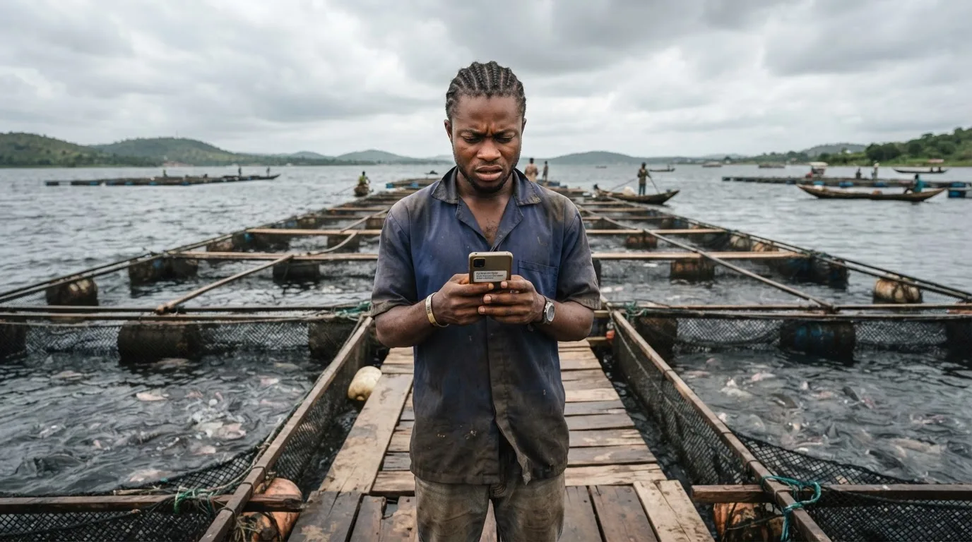A worried Ghanaian cage farmer with a feed-purchase record book and a stack of feed receipts beside a half-grown tilapia cage on Lake Volta, months of feed spent before any harvest, documentary photograph