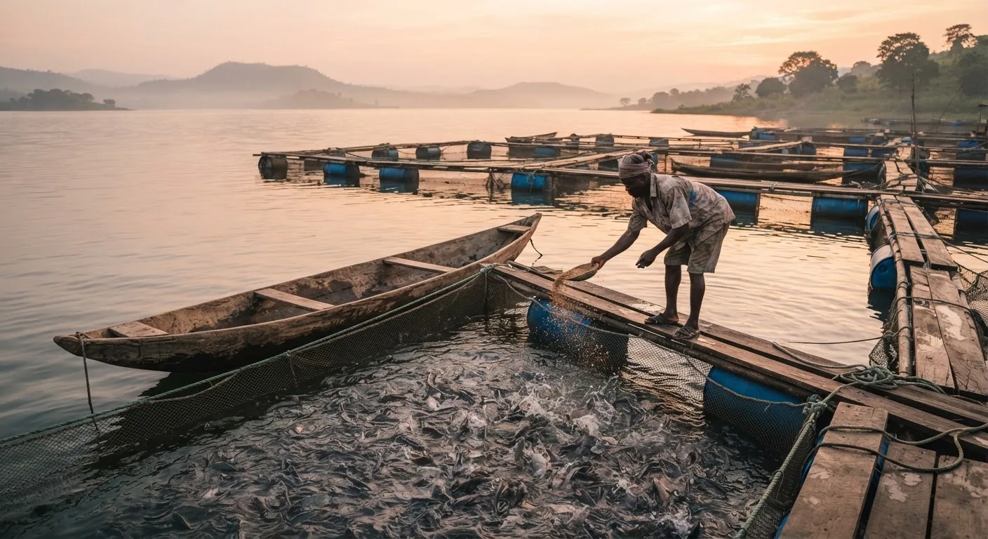 A cluster of floating fish cages on Lake Volta at first light, calm water, a wooden canoe alongside, a worker feeding tilapia by hand, documentary Ghana aquaculture scene, natural light
