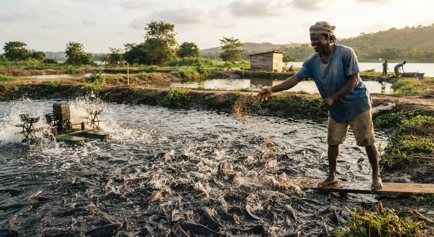 An earthen catfish pond with a small paddlewheel aerator churning the surface, dark water dense with African catfish rising to feed, a farmer scattering feed by hand, documentary Ghana aquaculture scene, warm afternoon light
