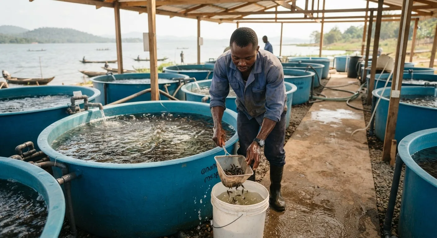 Rows of blue fibreglass hatchery tanks with tilapia fingerlings, a technician netting fry into a grading bucket, clean Ghanaian aquaculture hatchery interior, natural light through open sides