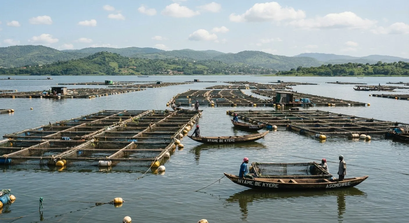 A wide view over Lake Volta with many clusters of floating tilapia cages stretching to the far shore, green hills behind, fishing boats, documentary Ghana aquaculture landscape, bright daylight