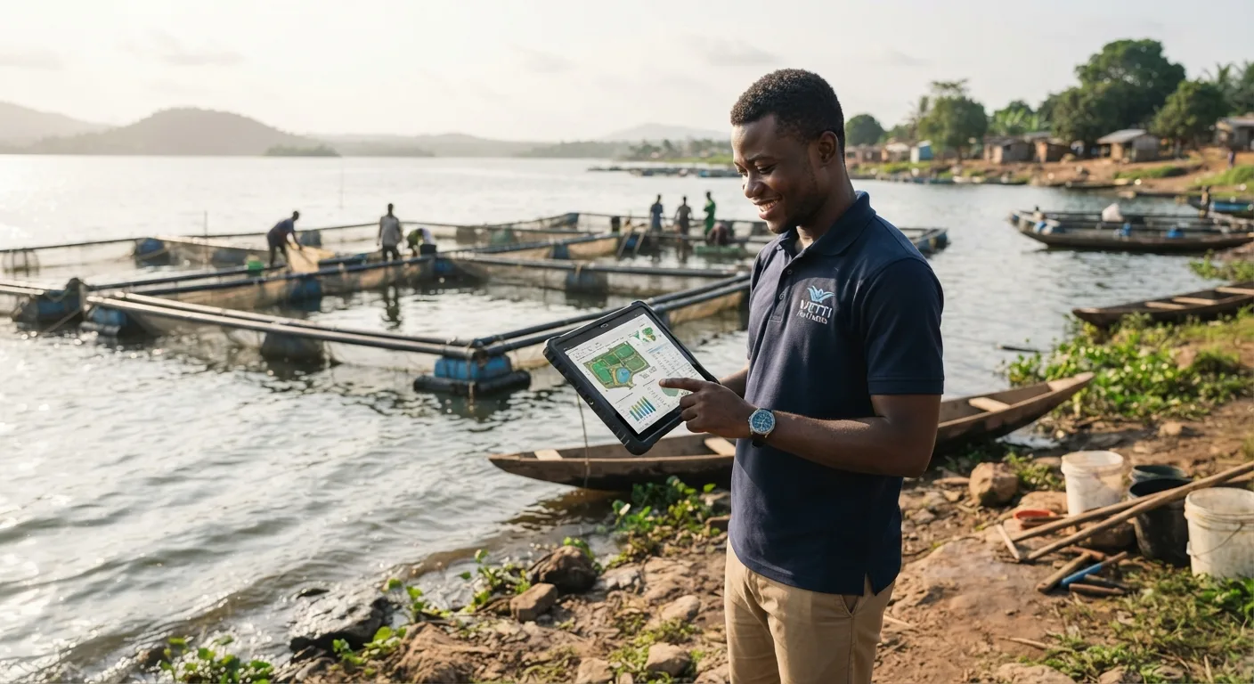 A young Ghanaian aquapreneur standing on a Lake Volta lakeshore reviewing a cage-farm and hatchery plan on a tablet, floating tilapia cages behind, documentary style, natural morning light