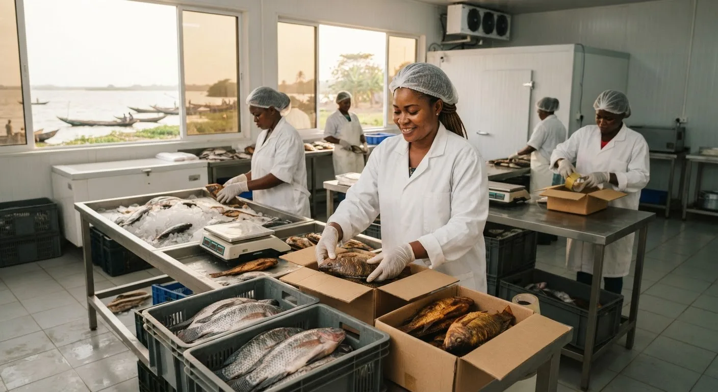 A modern Ghanaian fish processing and cold-chain unit with workers in white coats packing chilled and smoked tilapia into boxes, stainless-steel tables, investment-grade hygienic hall, natural light