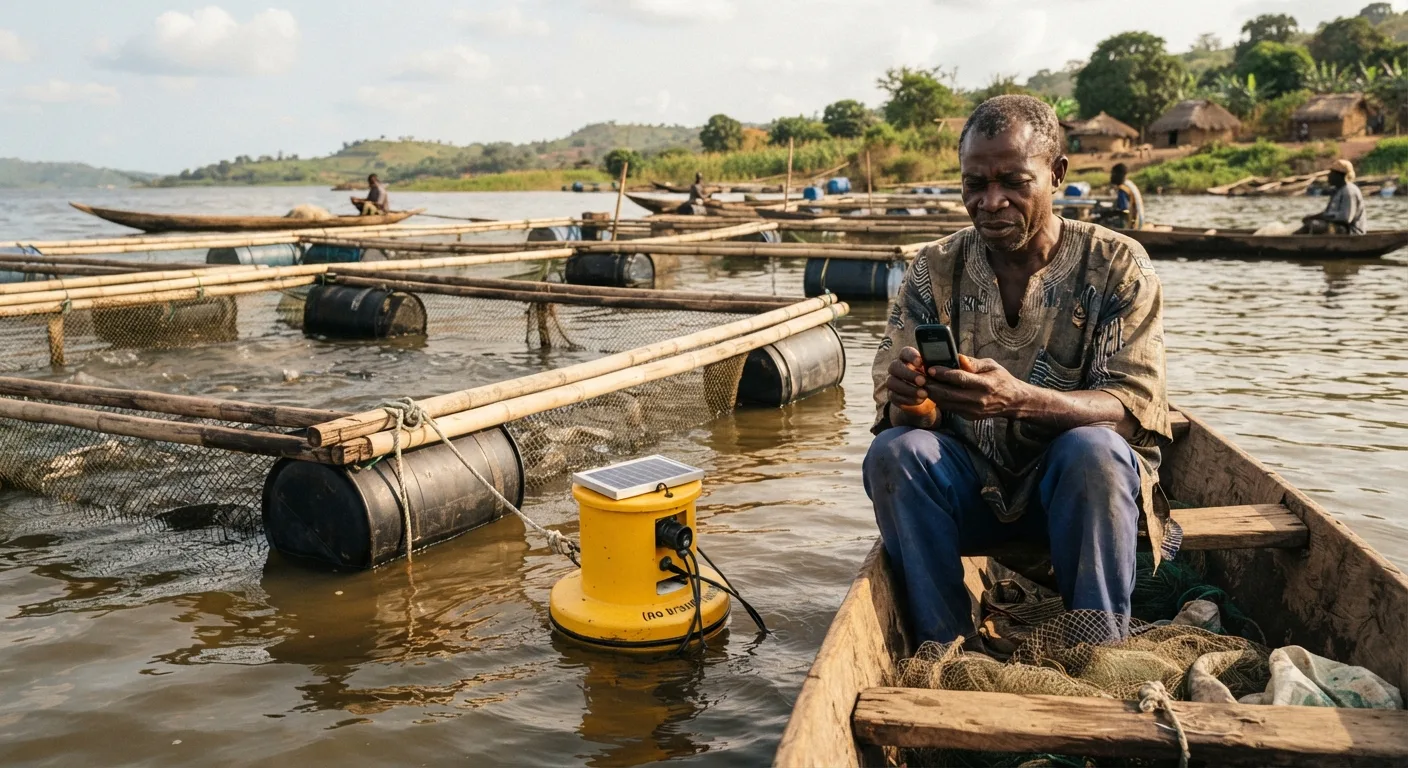 A small yellow solar-powered water-quality sensor buoy floating beside a tilapia cage on Lake Volta, a farmer reading an SMS alert on a basic phone nearby, documentary style, natural light