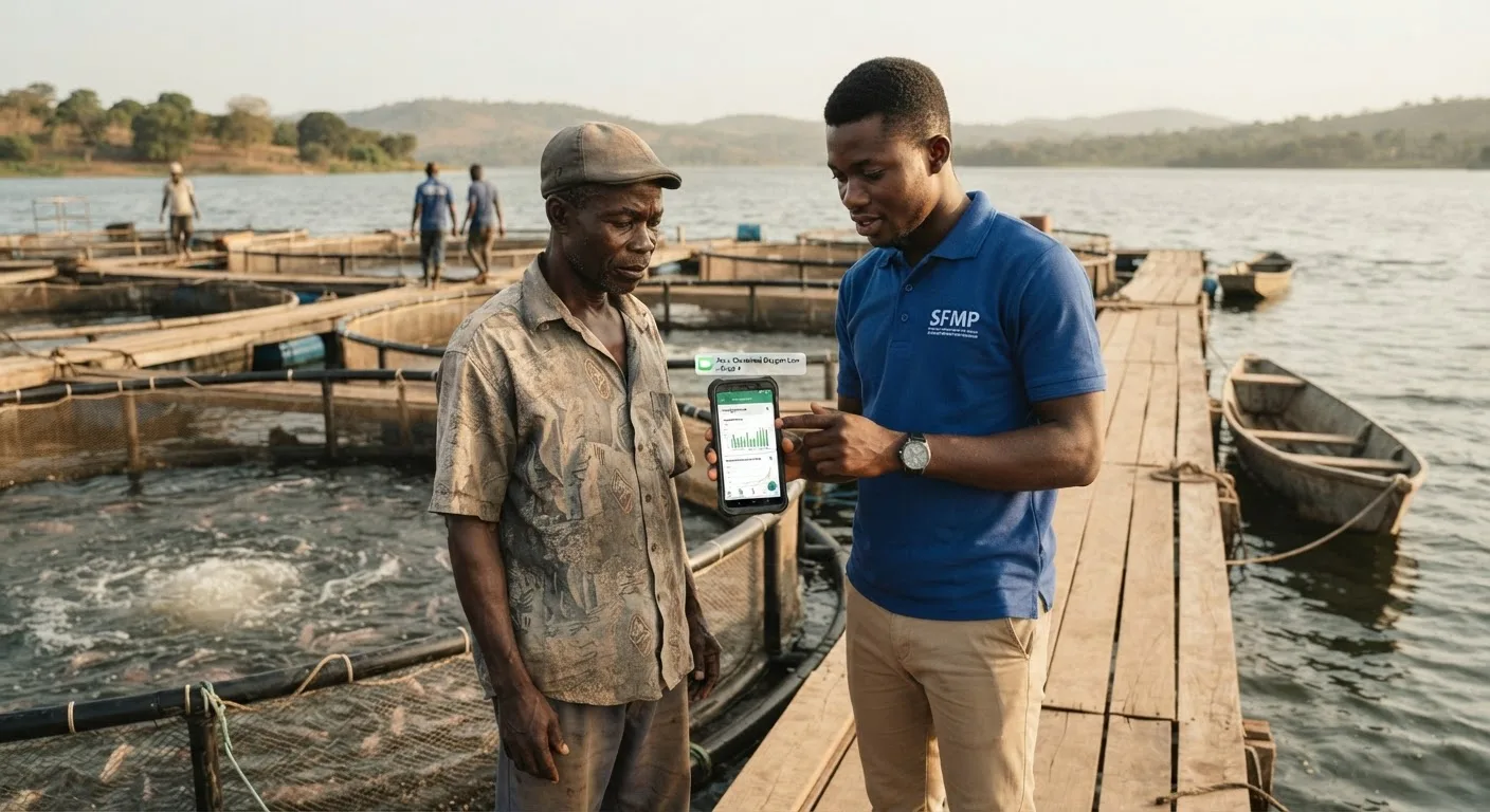 A young Ghanaian fish-farm advisor showing a smartphone with a feeding-record app and SMS water-quality alert to a smallholder beside a floating cage on Lake Volta, documentary style, natural light