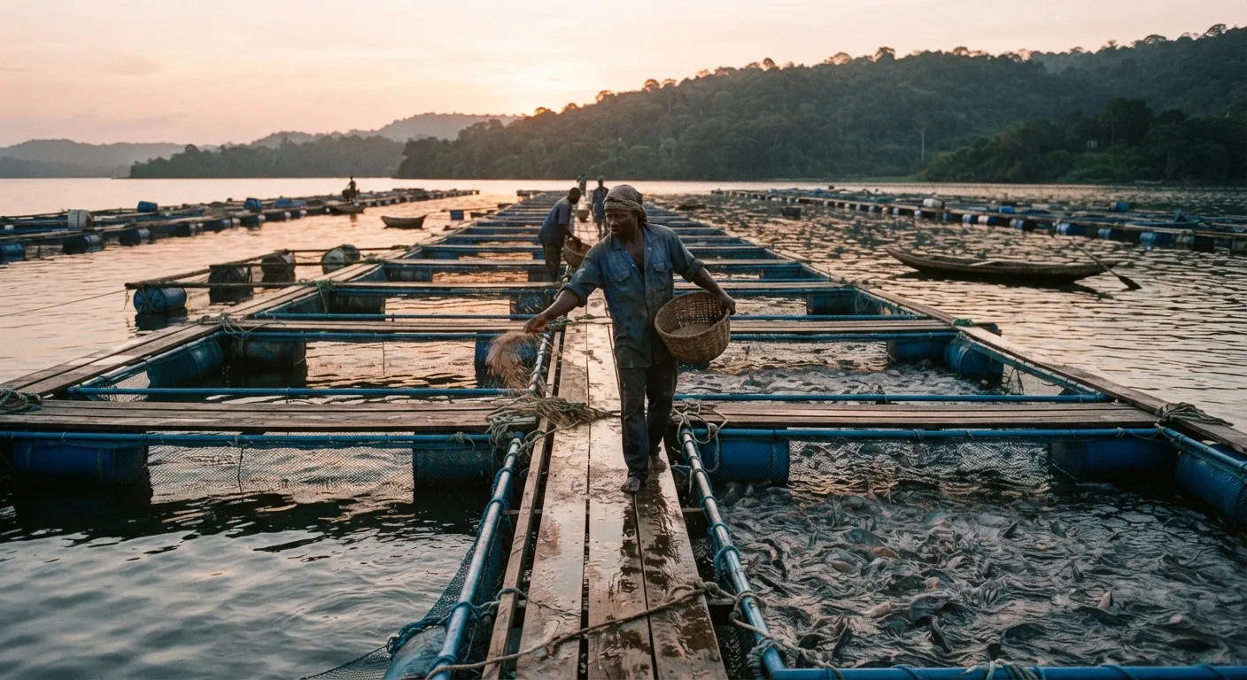 Rows of floating tilapia cages on Lake Volta at first light, wooden walkways and blue net frames on calm water, a farmer feeding fish by hand, documentary Ghana aquaculture scene, natural light