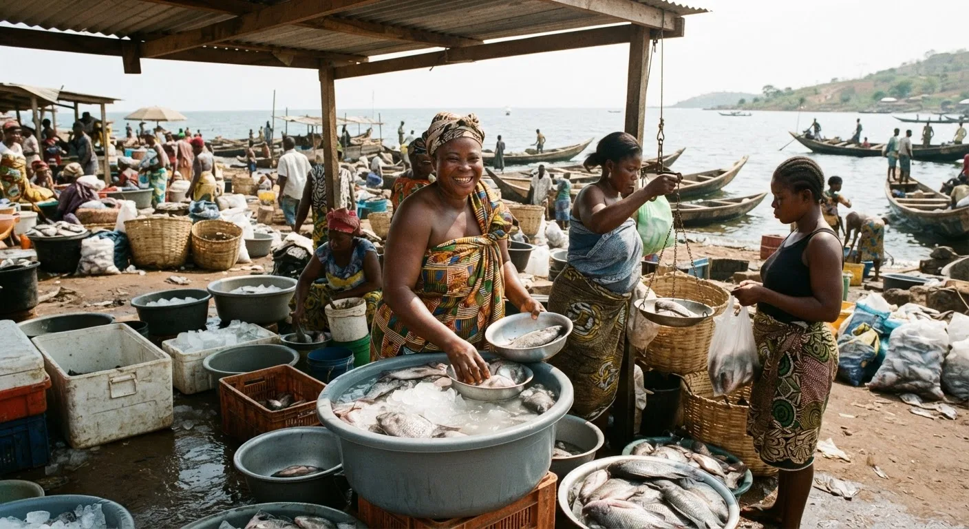 Ghanaian women fish traders at a busy lakeside market sorting fresh tilapia on ice into basins, weighing and bagging for buyers, bright daylight, documentary market scene
